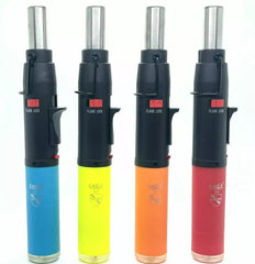 Four Eagle Torch X-Pen Extended Nozzle Pen Torch Lighters in a 12-count display box, refillable butane torches in vibrant Red, Orange, Yellow, and Blue colors, with extended nozzles for precision use.