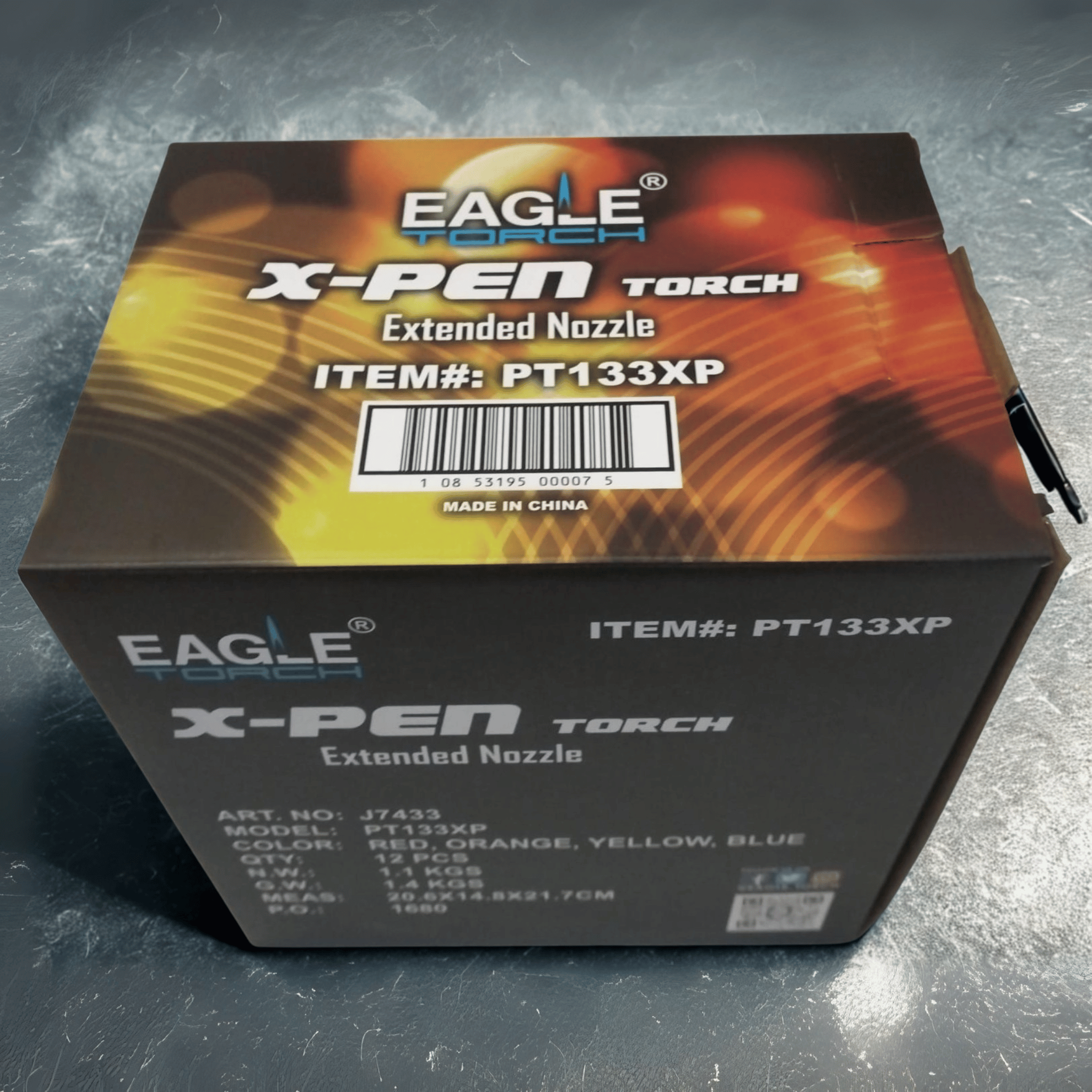 Top view of Eagle X-Pen Torch Lighter box featuring flame design and Eagle X-Pen branding with model PT133XP prominently displayed.