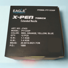 Front of Eagle X-Pen Torch Lighter display box featuring model PT133XP with printed details including Art No, P.O. number, Measurements (MEAS), Color options (Red, Orange, Yellow, Blue), Quantity (QTY), safety information, and brand logo.