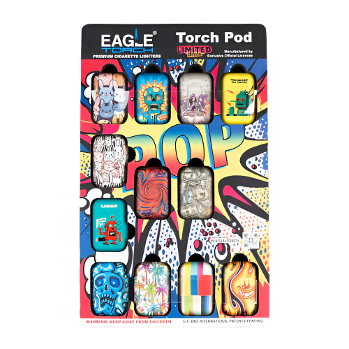 Eagle Torch TORCHPOD Lighter Display – Front View with 24 Unique Designs
