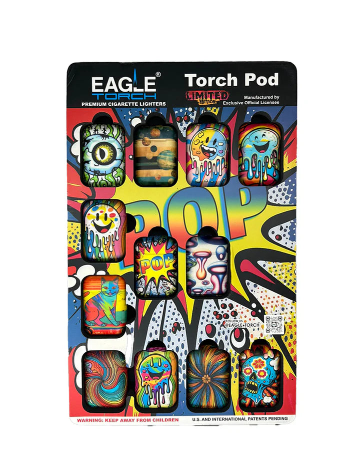 Eagle Torch TORCHPOD Lighter Display – Front View with 24 Unique Designs