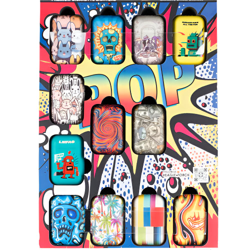 Side view close-up of Eagle TORCHPOD Lighter Display featuring 12 unique, vibrant designs in a double-sided refillable torch lighter setup.