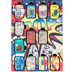 Side view close-up of Eagle TORCHPOD Lighter Display featuring 12 unique, vibrant designs in a double-sided refillable torch lighter setup.