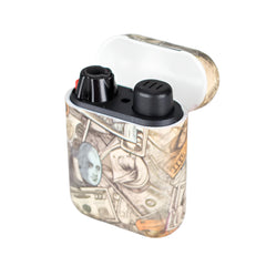 Close-up of limited edition Eagle Torch pocket lighter featuring unique dollar money artwork, detailed ignition mechanism with open cap