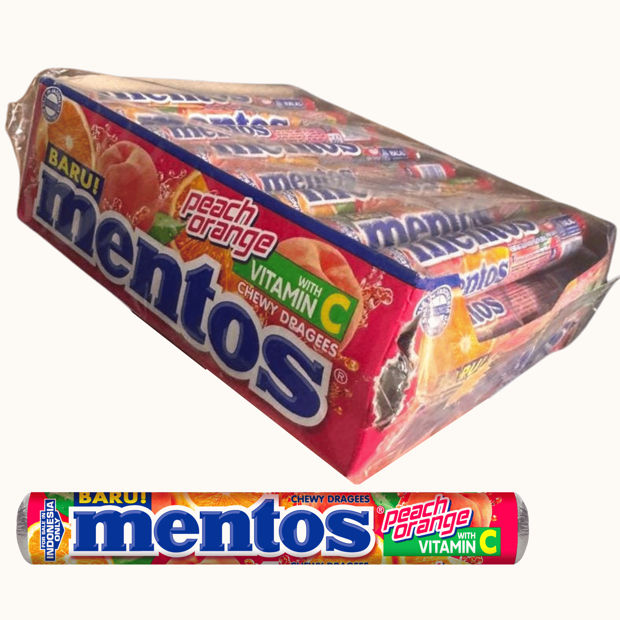 Mentos Peach Orange Chewy Candy Rolls – 24 Pack with Vitamin C – Fruity Halal Candy