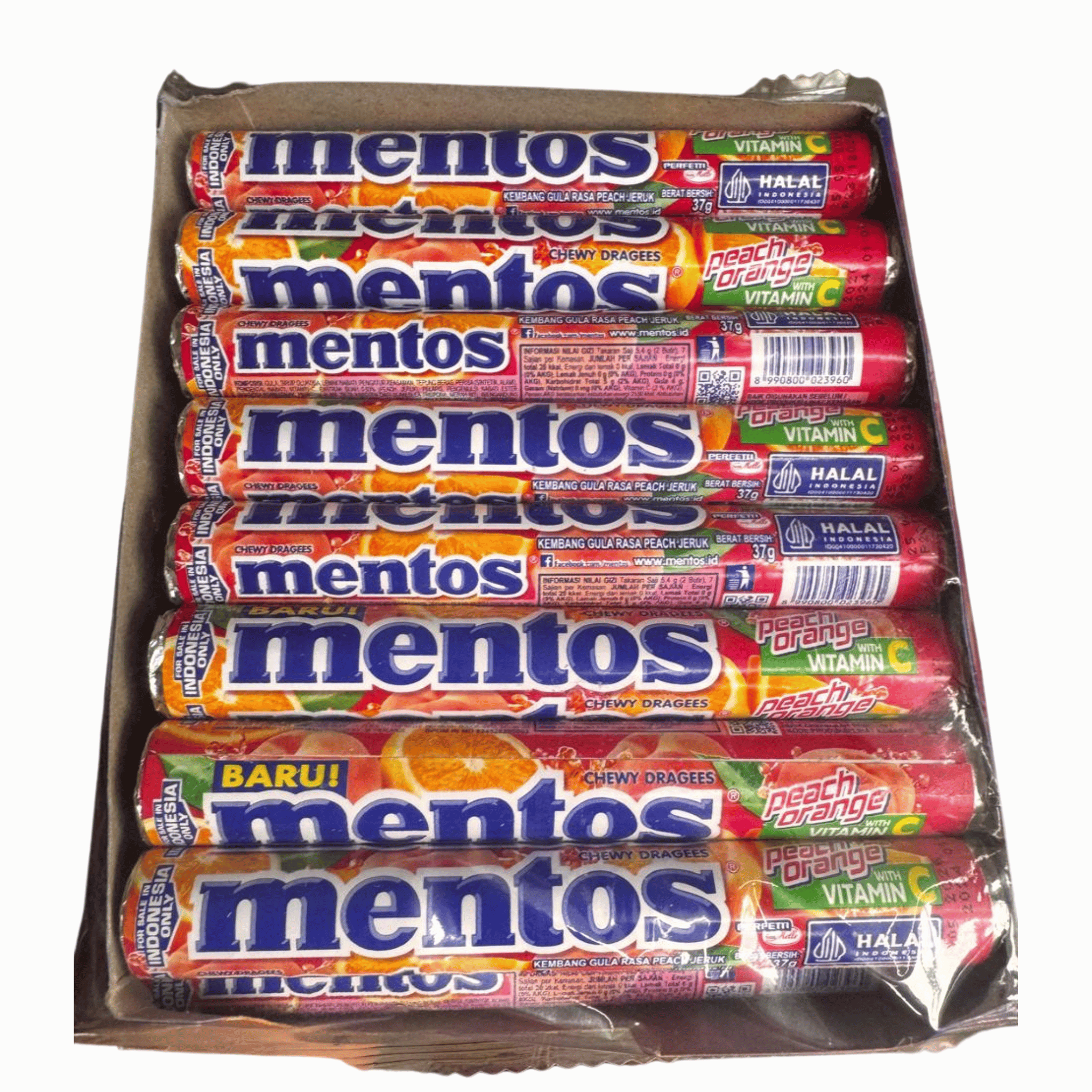 Mentos Peach Orange Chewy Candy Rolls – 24 Pack with Vitamin C – Fruity Halal Candy