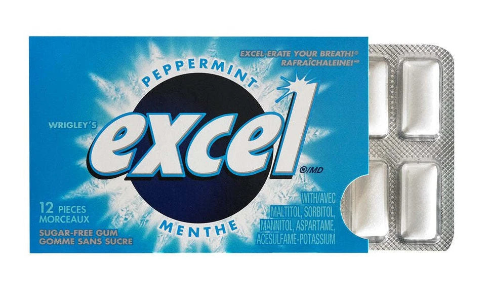 Excel Sugar-Free Gum – Peppermint Flavor – 1 Pack (12 Pieces) – Fresh Mint, Long-Lasting Chewing Gum