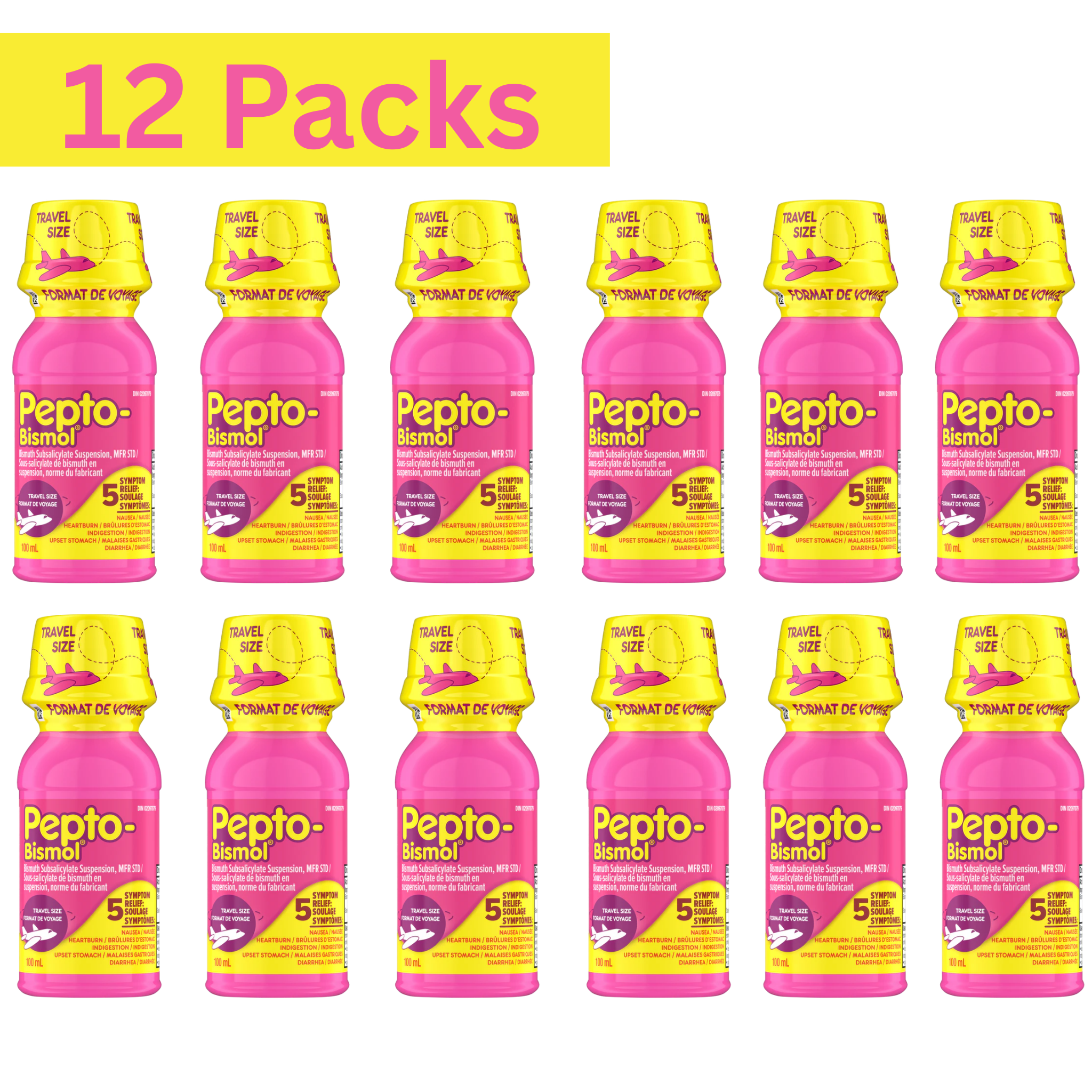 Pepto-Bismol Travel Size Subsalicylate Suspension 100mL – Pack of 12 Digestive Relief Medicine