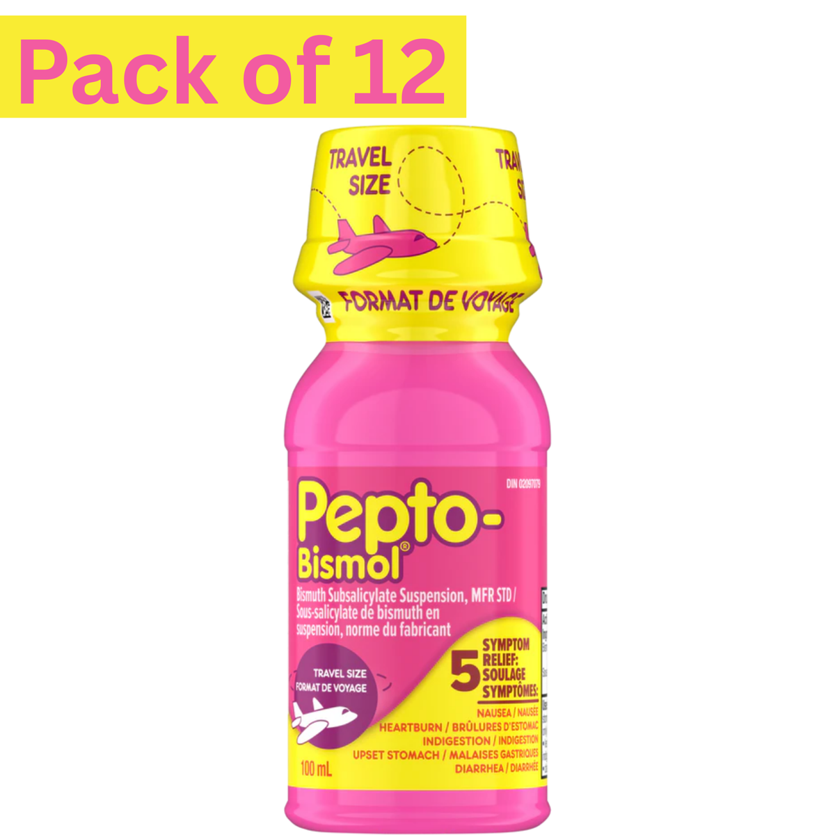 Pepto-Bismol Travel Size Subsalicylate Suspension 100mL – Pack of 12 Digestive Relief Medicine