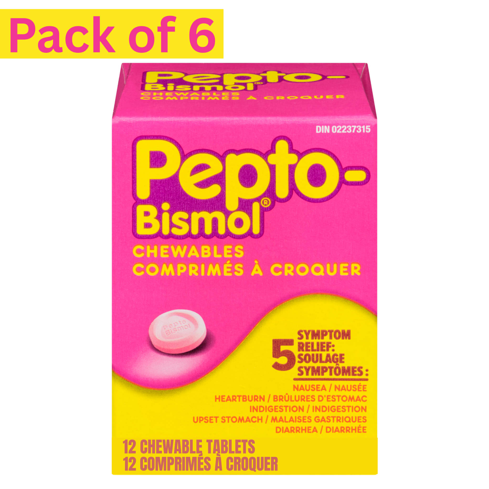 Pepto-Bismol Chewable Tablets 12ct Pack of 6 – Fast Relief for Nausea, Heartburn & Upset Stomach