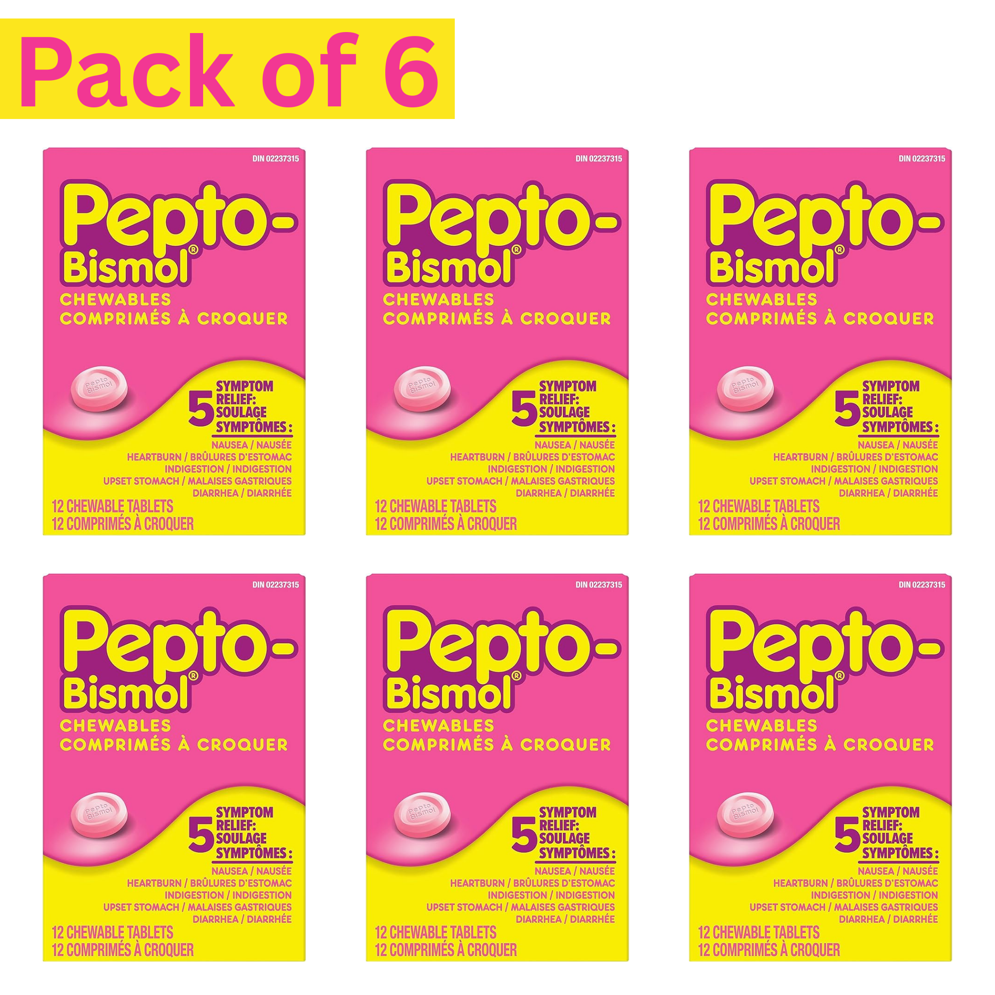 Pepto-Bismol Chewable Tablets 12ct Pack of 6 – Fast Relief for Nausea, Heartburn & Upset Stomach