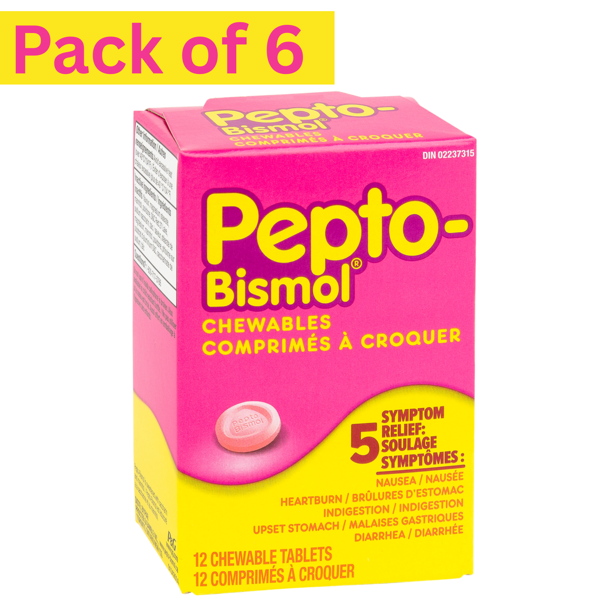 Pepto-Bismol Chewable Tablets 12ct Pack of 6 – Fast Relief for Nausea, Heartburn & Upset Stomach