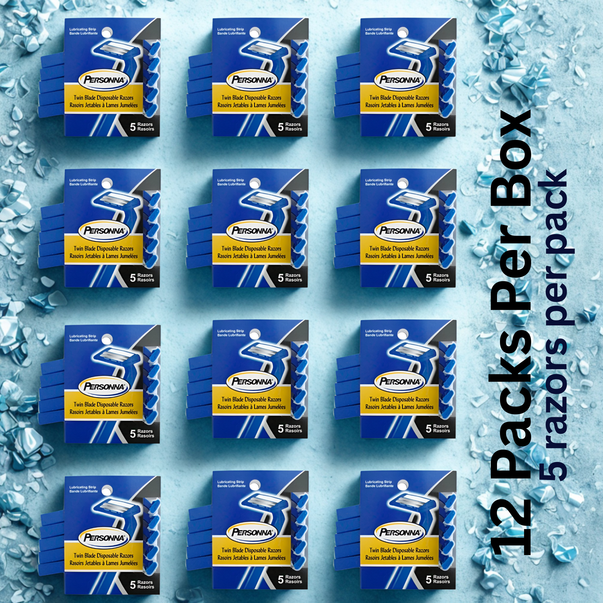 Personna Blue Twin Blade Disposable Razors with Lubricating Strip – 12 Packs per Box (5 Razors per Pack)