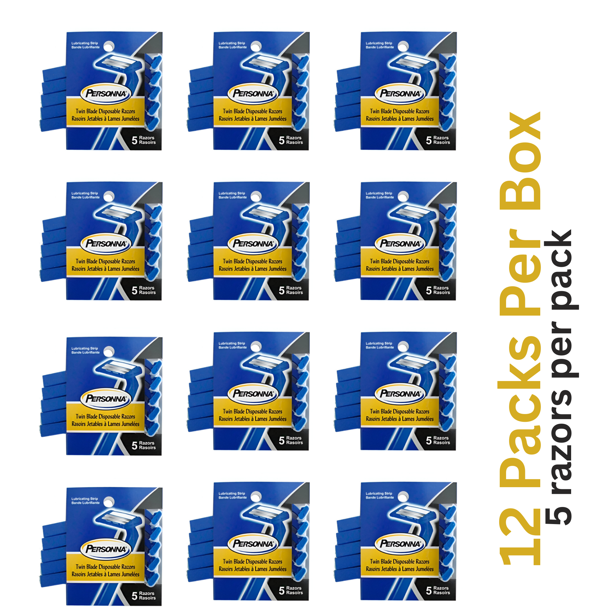 Personna Blue Twin Blade Disposable Razors with Lubricating Strip – 12 Packs per Box (5 Razors per Pack)