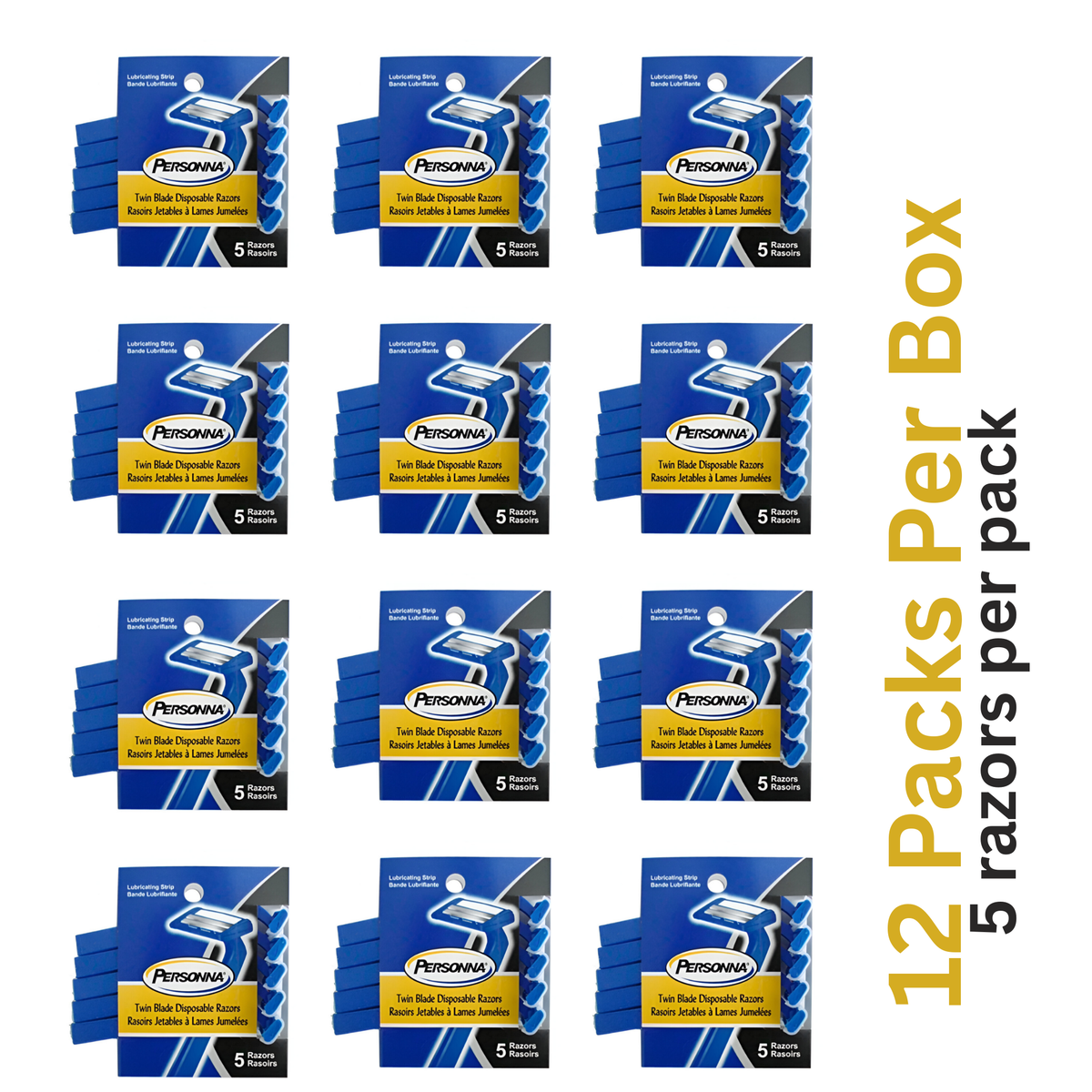 Personna Blue Twin Blade Disposable Razors with Lubricating Strip – 12 Packs per Box (5 Razors per Pack)