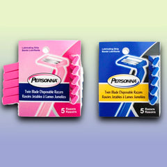 Personna Twin Blade Disposable Razors – 5-pack in pink and blue, featuring a lubricating strip and ergonomic handle for smooth shaving.
