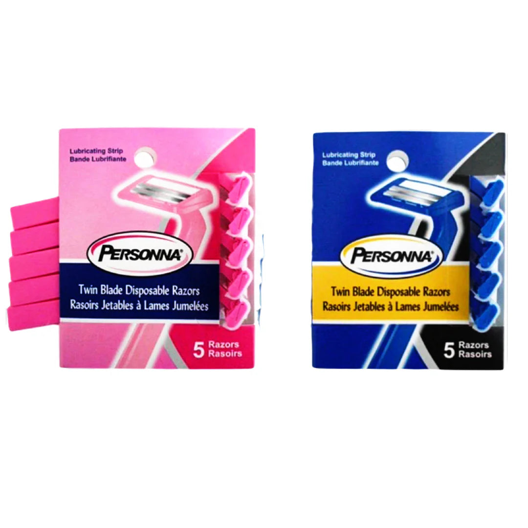 Personna Twin Blade Disposable Razors – 5-pack in pink and blue, featuring a lubricating strip and ergonomic handle for smooth shaving.