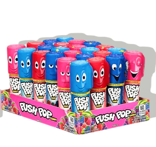 Push Pop Candy in colorful tubes with assorted fruity flavors, pack of 18
