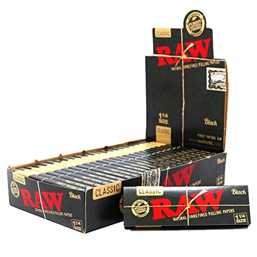RAW Black Classic 1¼ Rolling Papers – Open Display Box Showing 24 Packs of 50 Ultra-Thin Leaves Each with One Single Pack Highlighted