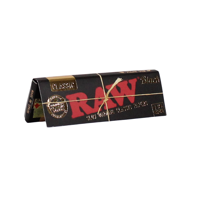 RAW Black Classic 1¼ Rolling Papers – Single Pack Showing 50 Ultra-Thin Sheets with Natural Acacia Gum