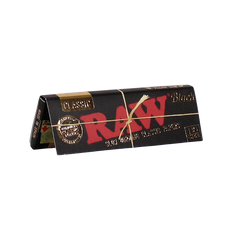 RAW Black Classic 1¼ Rolling Papers – Single Pack Showing 50 Ultra-Thin Sheets with Natural Acacia Gum