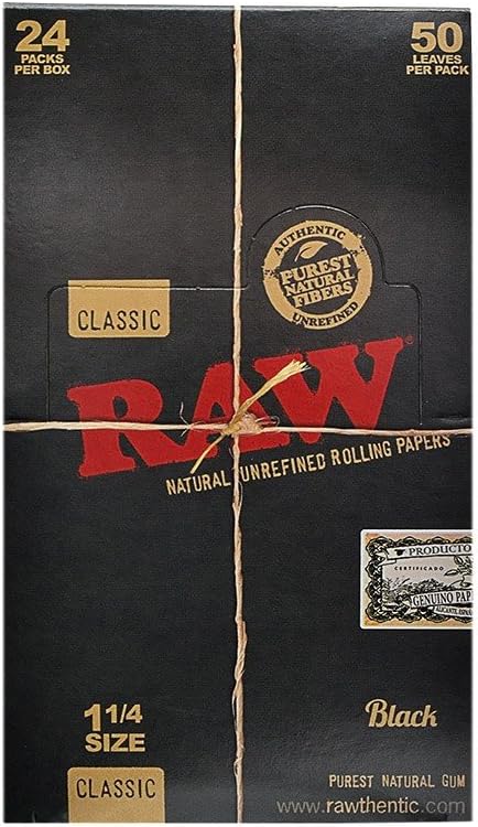 RAW Black Classic 1¼ Rolling Papers – Closed Box Display with 24 Packs of 50 Ultra-Thin Leaves Each