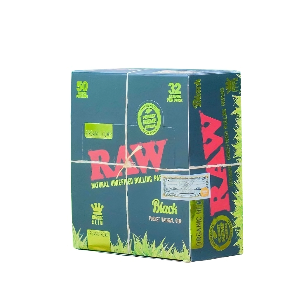 Box of RAW Black Organic Hemp King Size Slim Rolling Papers 50 Packs per box 32 leaves per pack