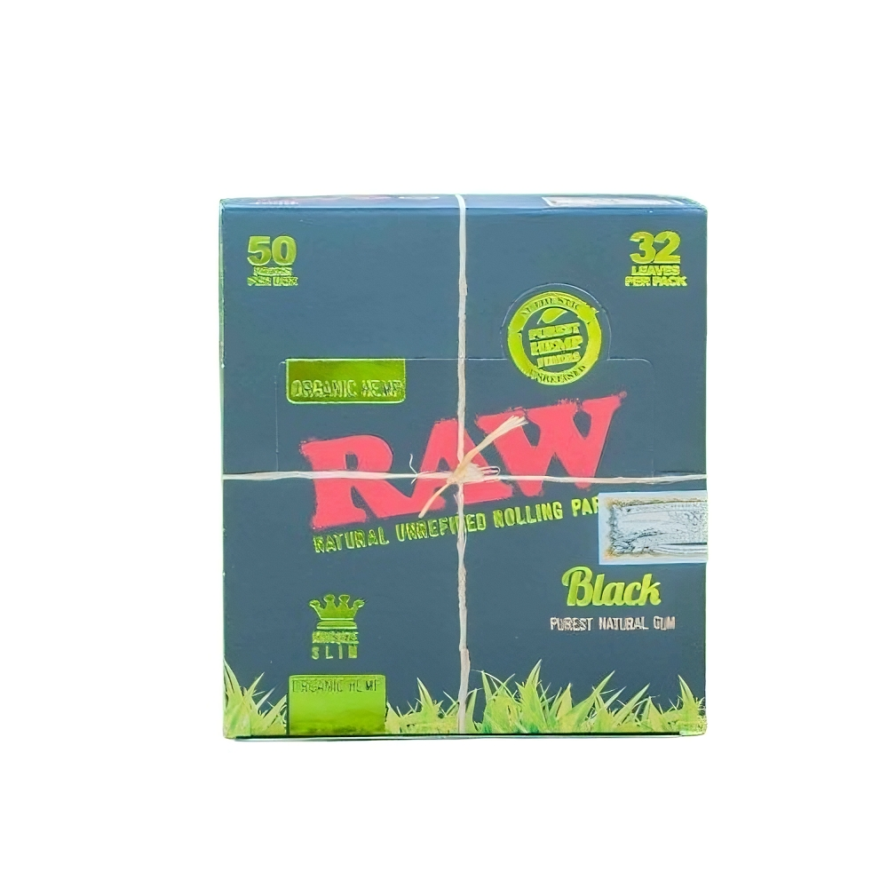Box of RAW Black Organic Hemp King Size Slim Natural Unrefined Rolling Paper 50 Packs × 32 Leaves – Front View of Closed Box with Branding