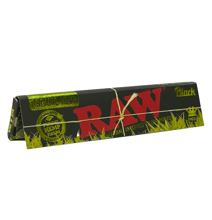 RAW Black Organic Hemp King Size Slim Rolling Papers – Single Pack Front View with Branding