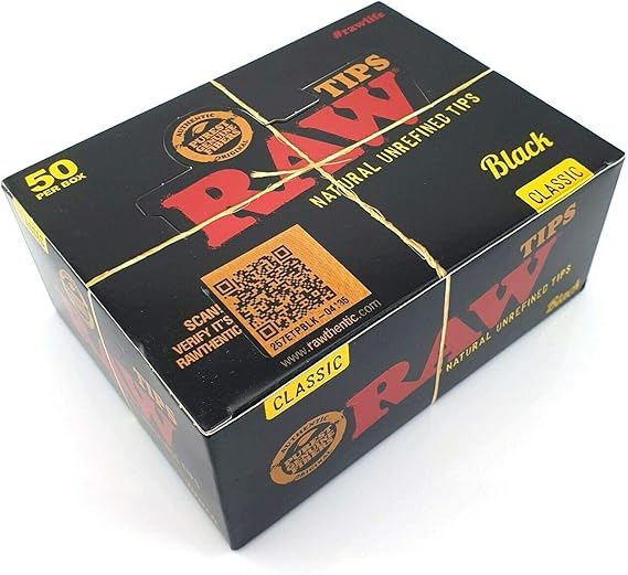 Box of Raw Black Classic rolling paper tips on a white background