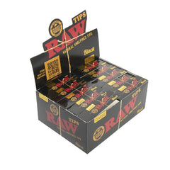 Open display box showing 50 neatly arranged RAW Black Classic Tips packs