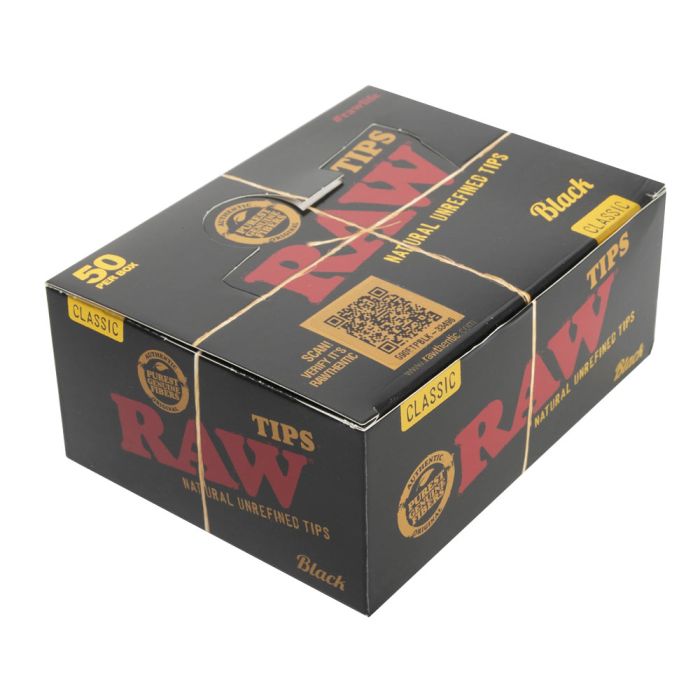 Sealed display box of RAW Black Classic Natural Unrefined Tips – 50 packs neatly packed inside