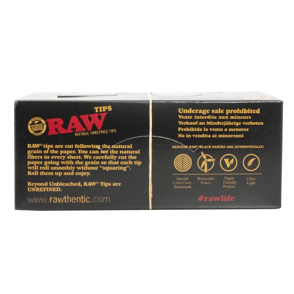 Back view of RAW Black Classic Natural Unrefined Tips box showing product specifications, branding, and eco-friendly information