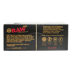 Back view of RAW Black Classic Natural Unrefined Tips box showing product specifications, branding, and eco-friendly information