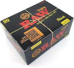 Box of Raw Black Classic rolling paper tips on a white background
