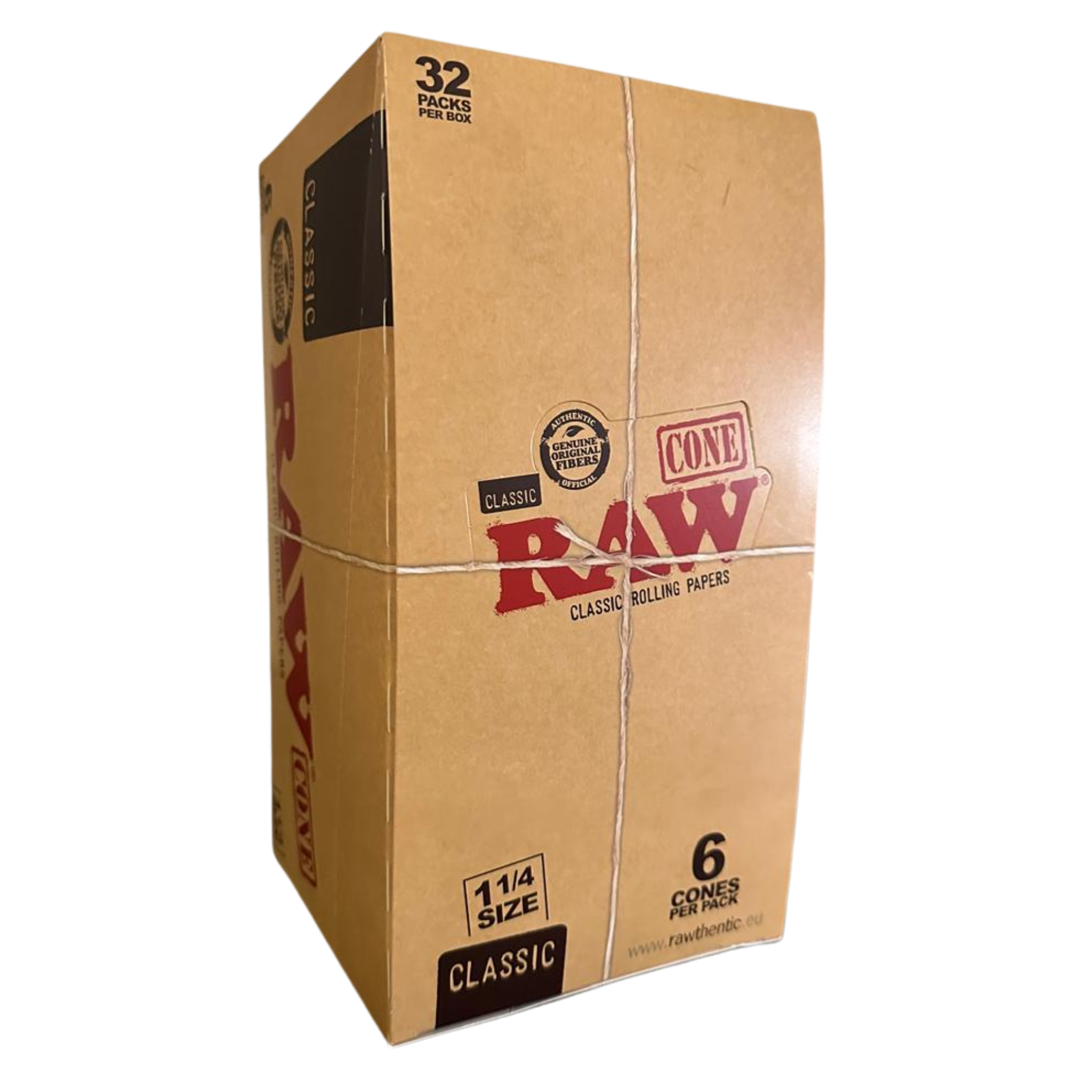 RAW Classic 1¼ Pre-Rolled Cones – Wholesale Display Box, 32 Packs × 6 Cones, Unrefined Natural Fibers, Water-Based Gum.