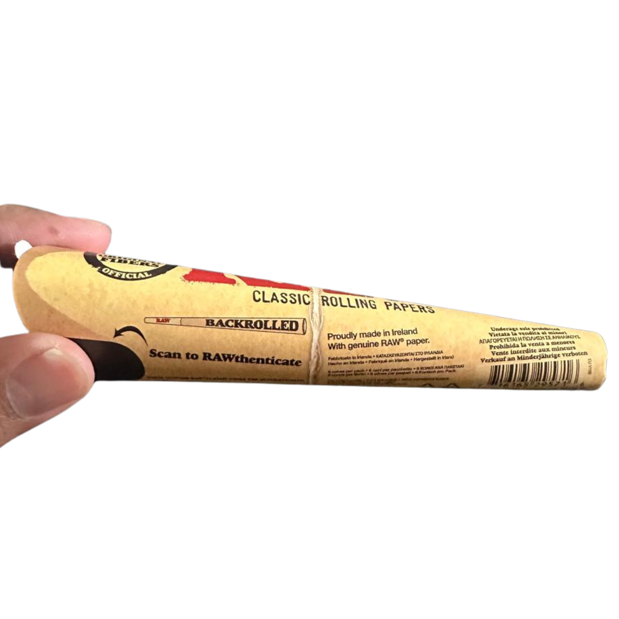 Hand holding a back side of RAW Classic 1¼ Pre-Rolled Cone – Single Pack, 6 Cones in a pack, Water-Based Gumline for Perfect Seal, Clean Taste.