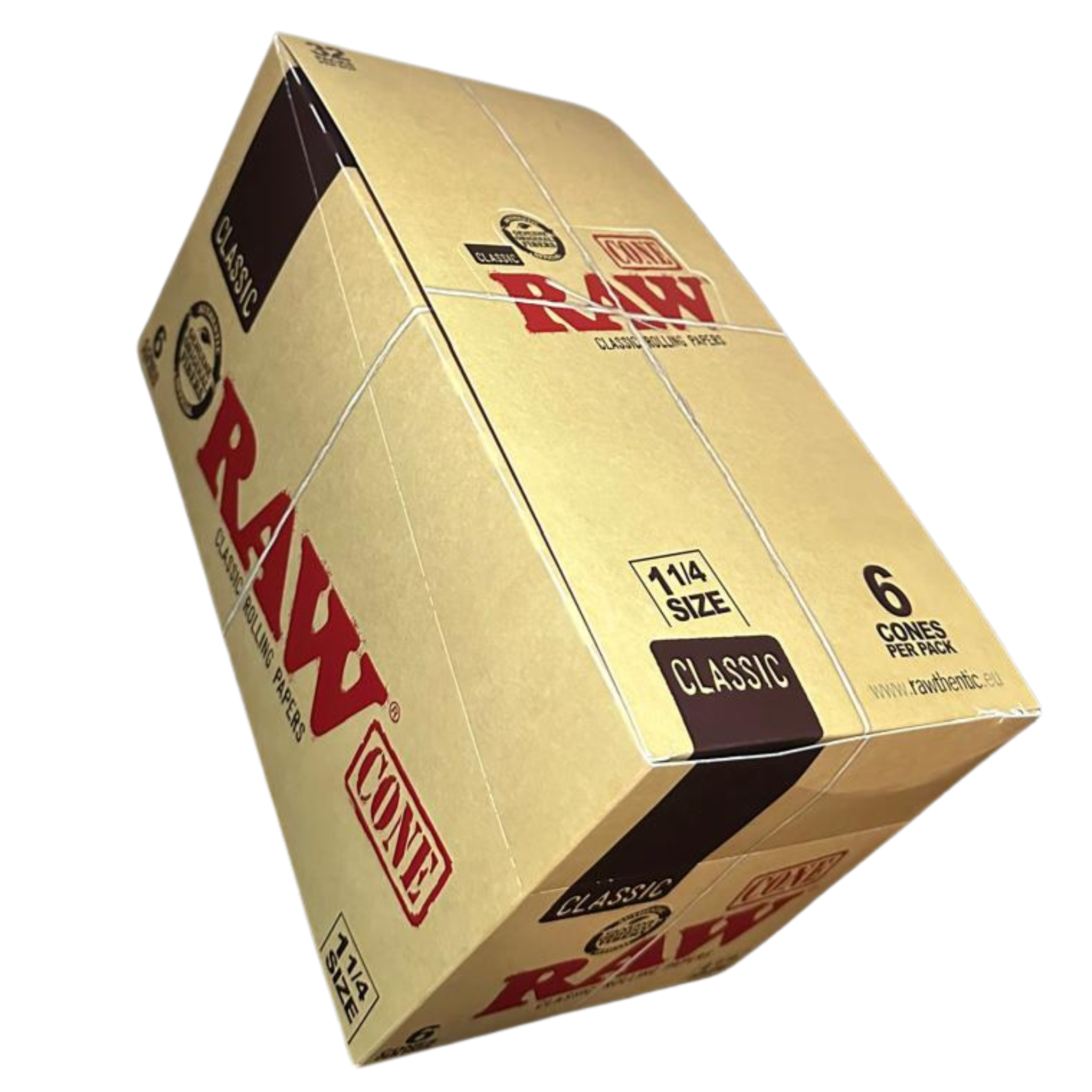 RAW Classic 1¼ Pre-Rolled Cones – Sealed Display Box Left-Angle, 32 Packs of 6 Cones Each, Slow Burning, Premium Quality