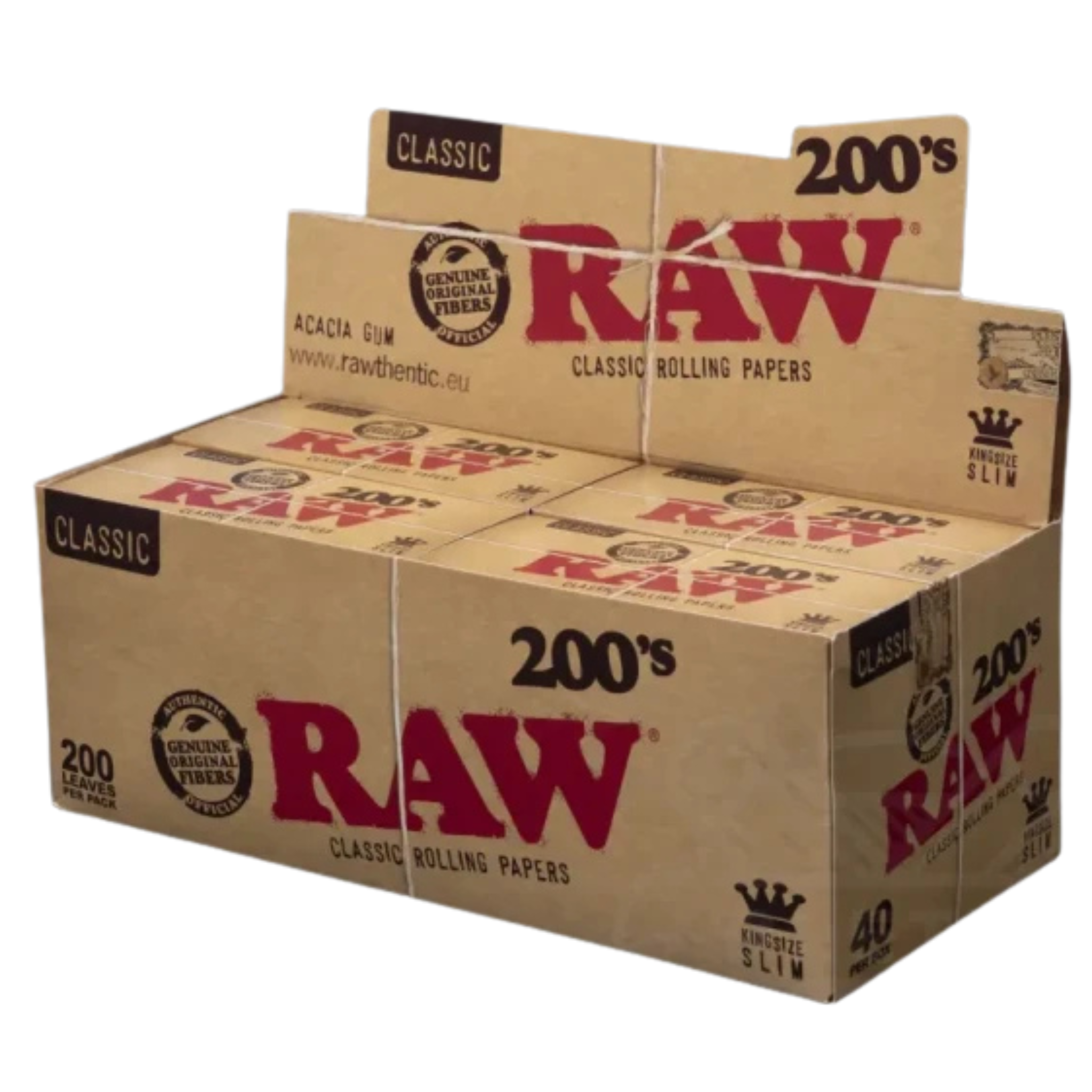 RAW Classic 200’s King-Size Slim Rolling Papers wholesale box – 40 packs of 200 leaves, natural acacia gum, slow burning, premium unrefined rolling paper
