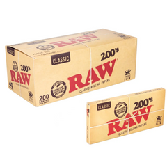 Box RAW Classic 200’s King-Size Slim Rolling Papers wholesale box – 40 packs of 200 leaves, natural acacia gum, slow burning, premium unrefined rolling paper