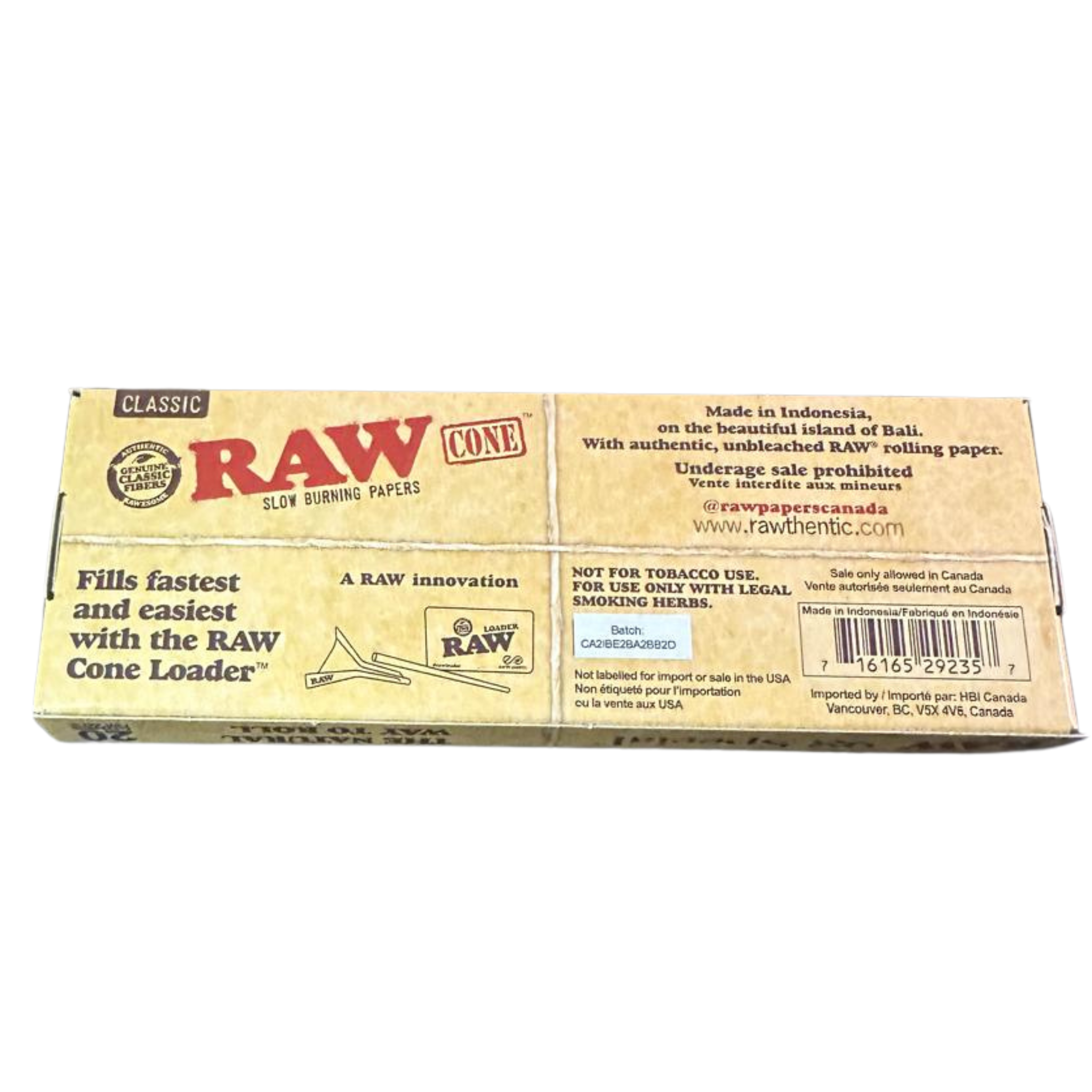 Back side of sealed RAW Classic Natural Unrefined Pre-Rolled Cones pack, 98 Special Size, showing product information and containing 20 cones.