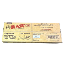 Back side of sealed RAW Classic Natural Unrefined Pre-Rolled Cones pack, 98 Special Size, showing product information and containing 20 cones.
