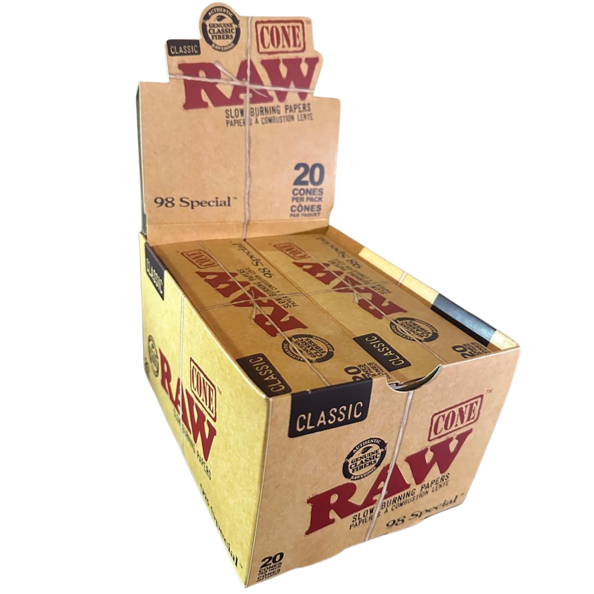 Open box of RAW Classic Natural Unrefined Pre-Rolled Cones, 98 Special Size, containing 240 cones (12 packs × 20 cones per pack) – bulk wholesale pack.