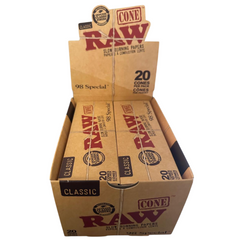 Front view display box of RAW Classic Natural Unrefined Pre-Rolled Cones – 98 Special Size, containing 240 cones (12 packs × 20 cones each) – bulk wholesale pack.
