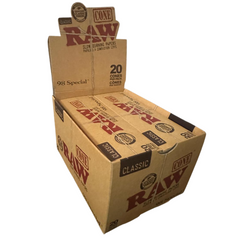 Left side view display box of RAW Classic Natural Unrefined Pre-Rolled Cones – 98 Special Size, containing 240 cones (12 packs × 20 cones each) – bulk wholesale pack.