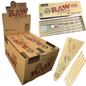 RAW Classic Natural Unrefined Pre-Rolled Cones 98 Special Size bulk pack of 240 cones (12 packs with 20 cones each) displayed with an open pack showing cones inside and a step-by-step guide on how to use them.