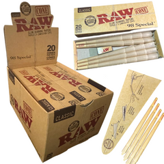 RAW Classic Natural Unrefined Pre-Rolled Cones 98 Special Size bulk pack of 240 cones (12 packs with 20 cones each) displayed with an open pack showing cones inside and a step-by-step guide on how to use them.