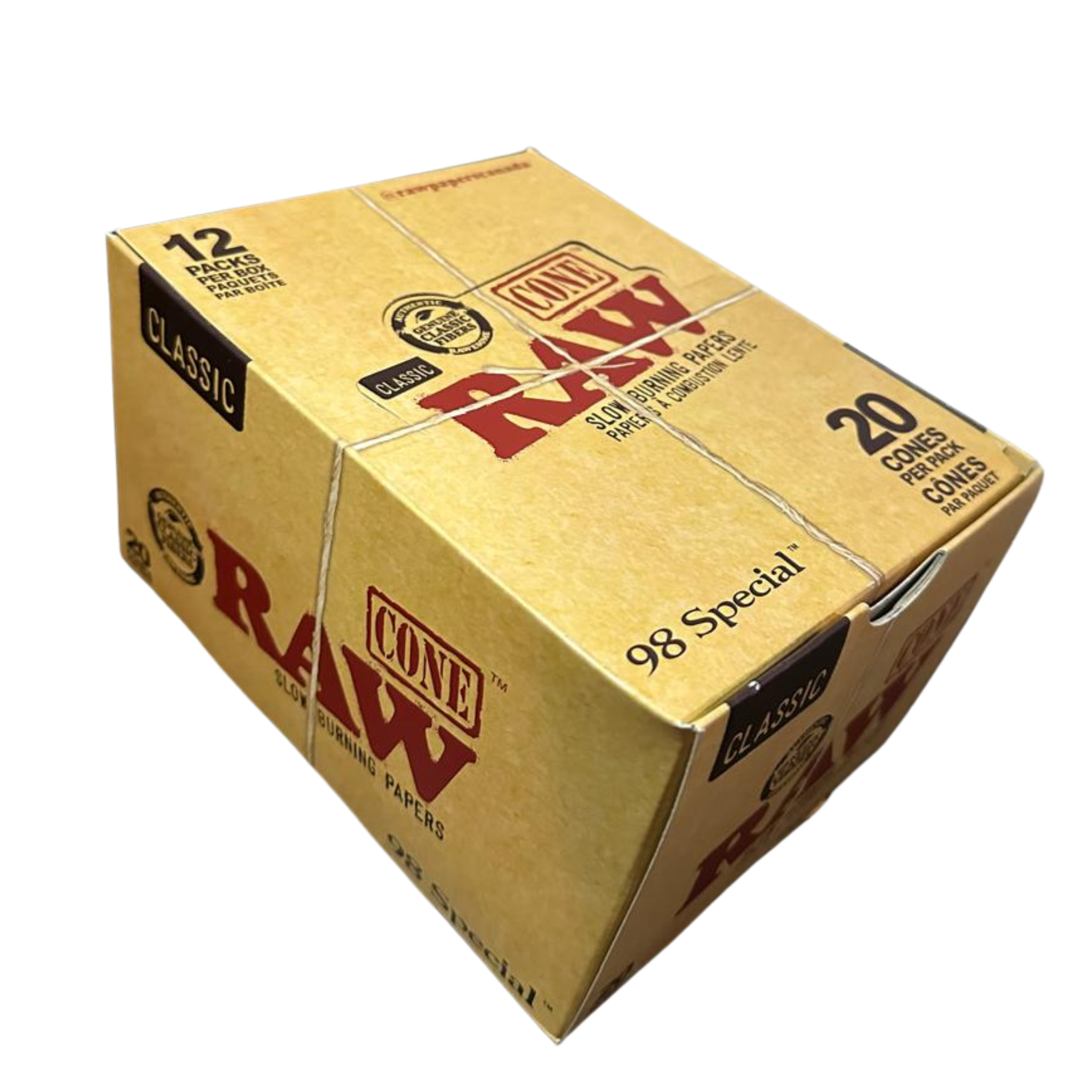 Left side view of a closed box of RAW Classic Natural Unrefined Pre-Rolled Cones – 98 Special Size, bulk pack containing 240 cones (12 packs × 20 cones each).