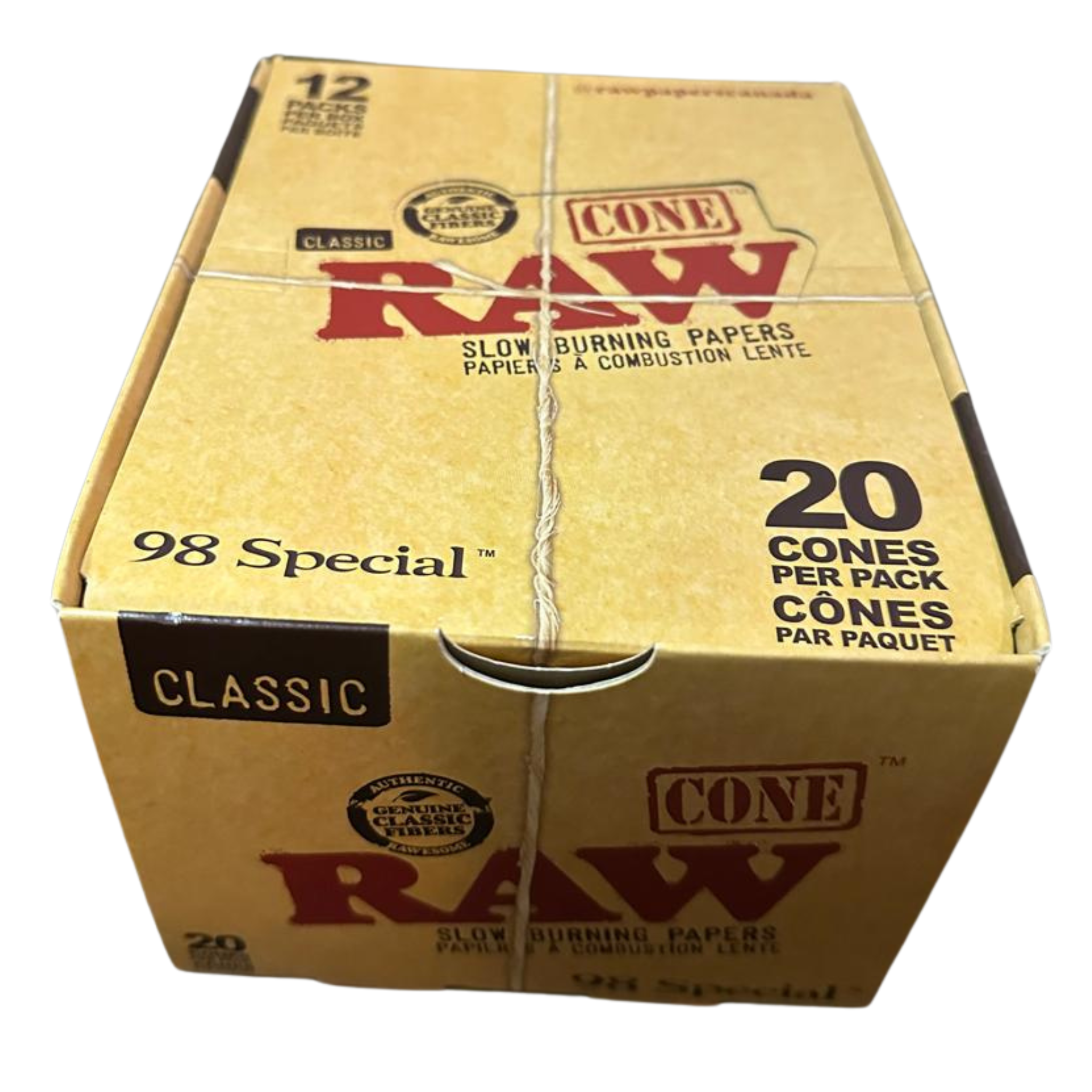 Box of RAW Classic Natural Unrefined Pre-Rolled Cones – 98 Special Size – 240 Cones (12 Packs × 20 Cones/Pack) – Bulk Wholesale