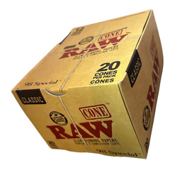 Right side view of a closed box of RAW Classic Natural Unrefined Pre-Rolled Cones – 98 Special Size, bulk pack containing 240 cones (12 packs × 20 cones each).